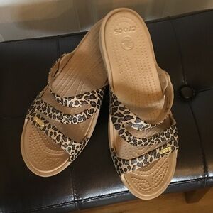 CROCS Women's Tan Slide Sandals with Leopard Print Straps